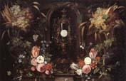  Still life of various flowers and grapes encircling a reliqu ary containing the host,set within a stone niche